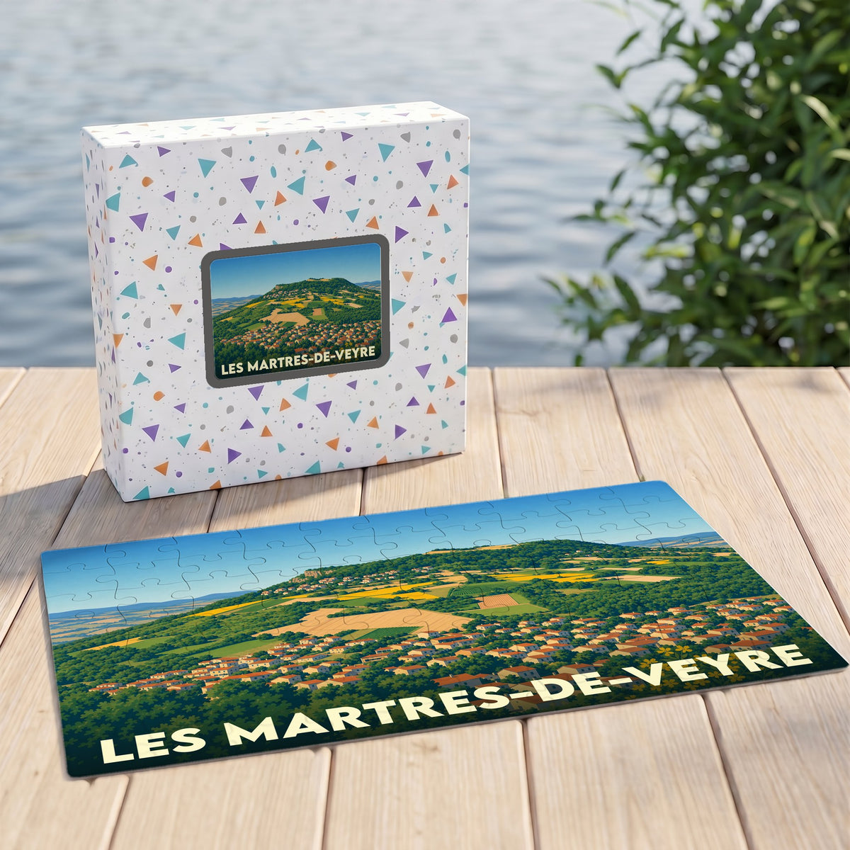 Puzzle souvenir de la ville de Les Martres-de-Veyre avec une illustration panoramique stylisée.
