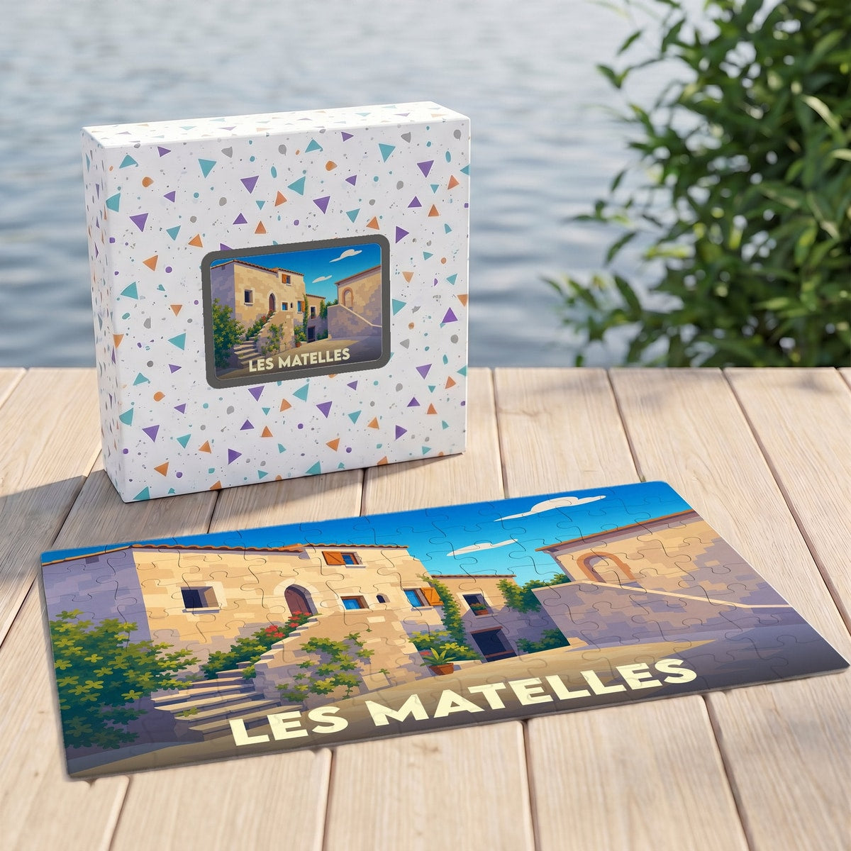 Puzzle souvenir de la ville de Les Matelles avec une illustration stylisée d'un village méditerranéen.