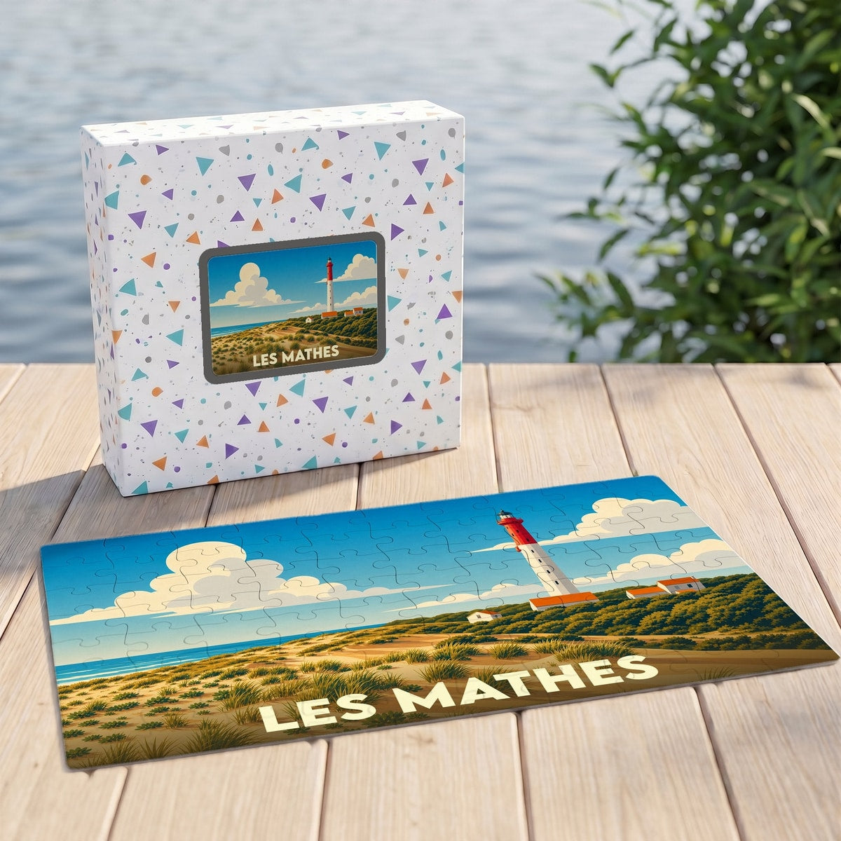 Puzzle souvenir de la ville de Les Mathes illustrant un phare sur une côte dunaire.