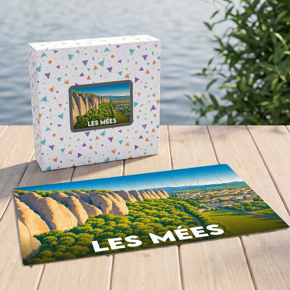 Puzzle souvenir de la ville de Les Mées représentant ses célèbres falaises et le village avec une illustration stylisée.