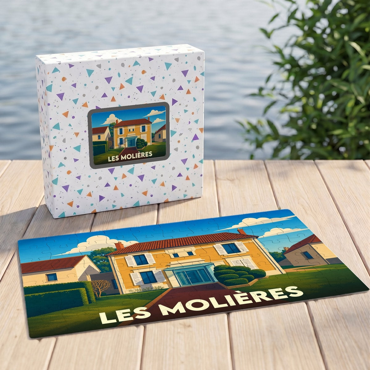 Puzzle souvenir de la ville de Les Molières avec une illustration stylisée d'une maison de campagne.