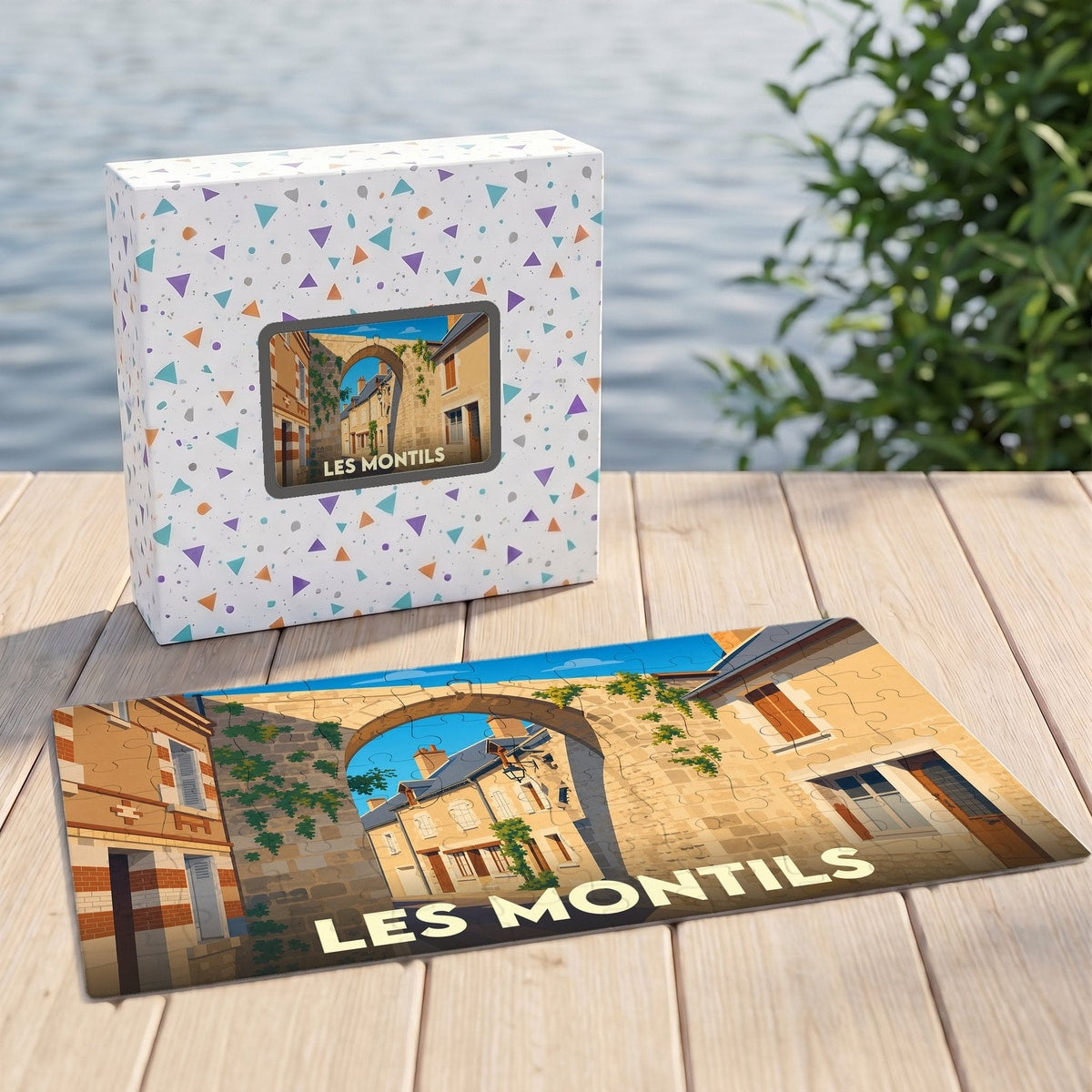 Puzzle souvenir de la ville de Les Montils avec une illustration stylisée d'un passage voûté.