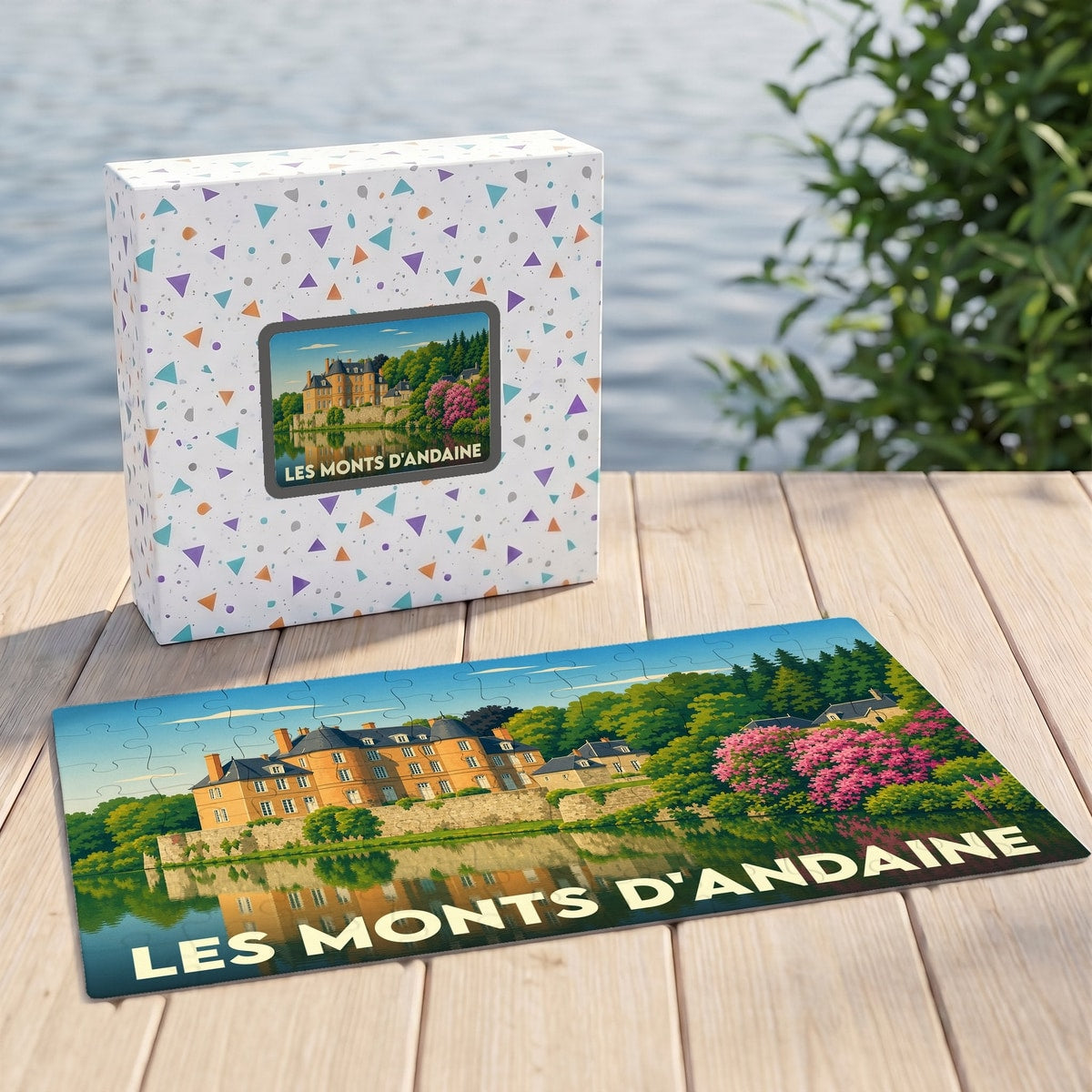 Puzzle souvenir de la ville de Les Monts d'Andaine illustrant un château au bord de l'eau.