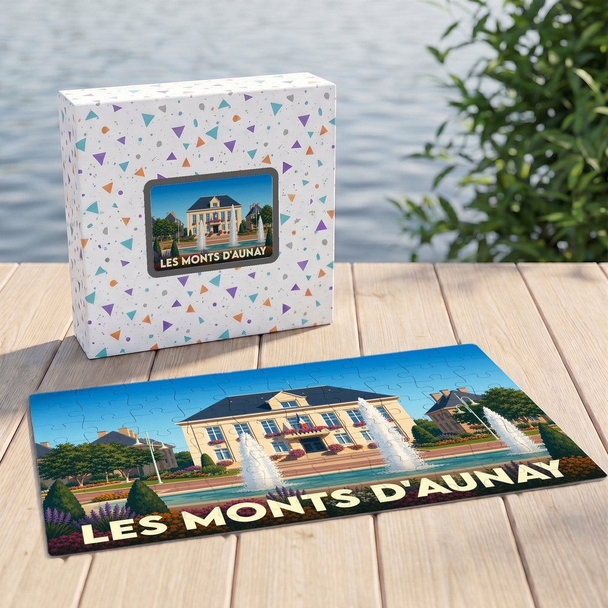 Puzzle souvenir de la commune de Les Monts d'Aunay avec une illustration stylisée de son hôtel de ville et ses fontaines.