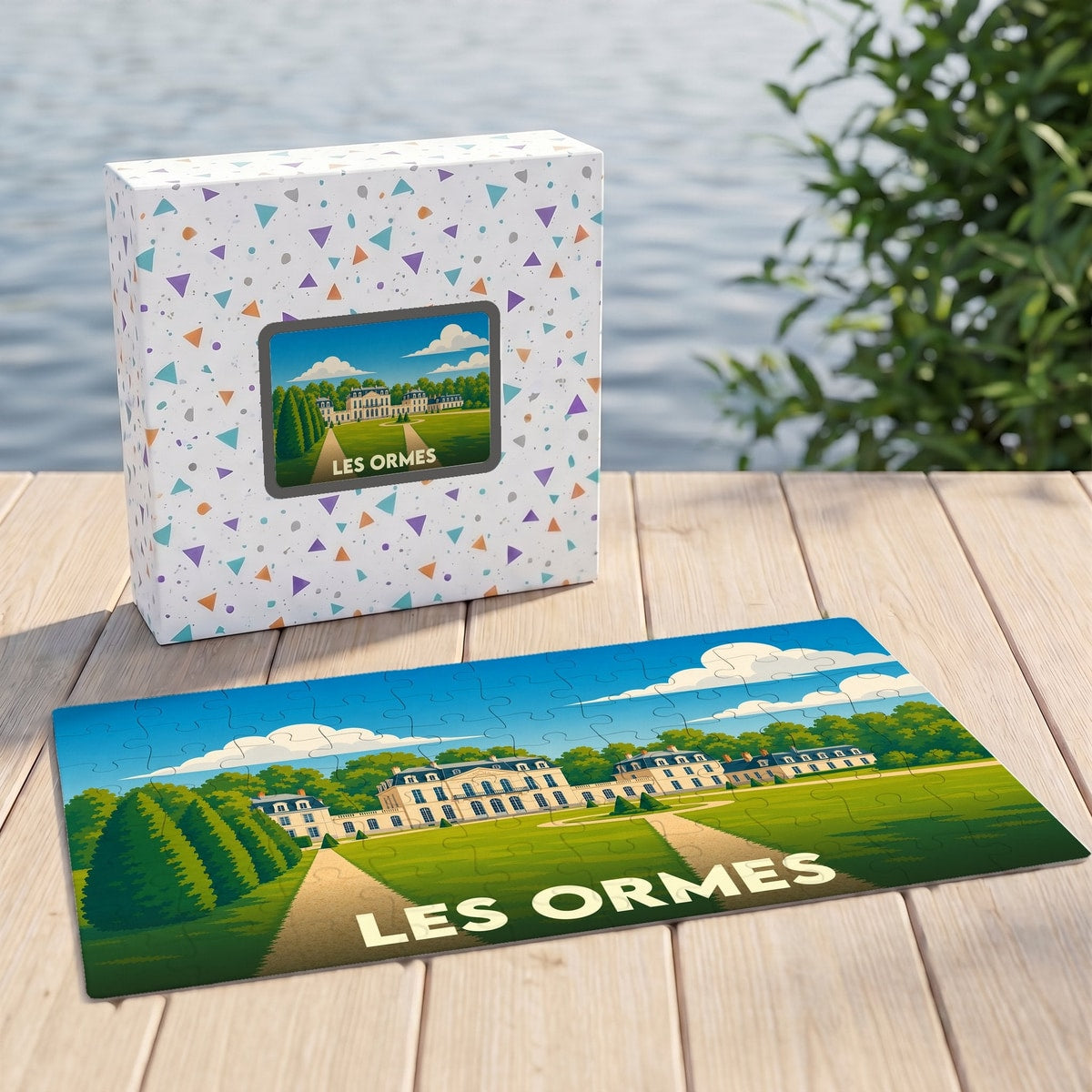 Puzzle souvenir de la ville de Les Ormes avec une illustration stylisée d'un château et de son parc.