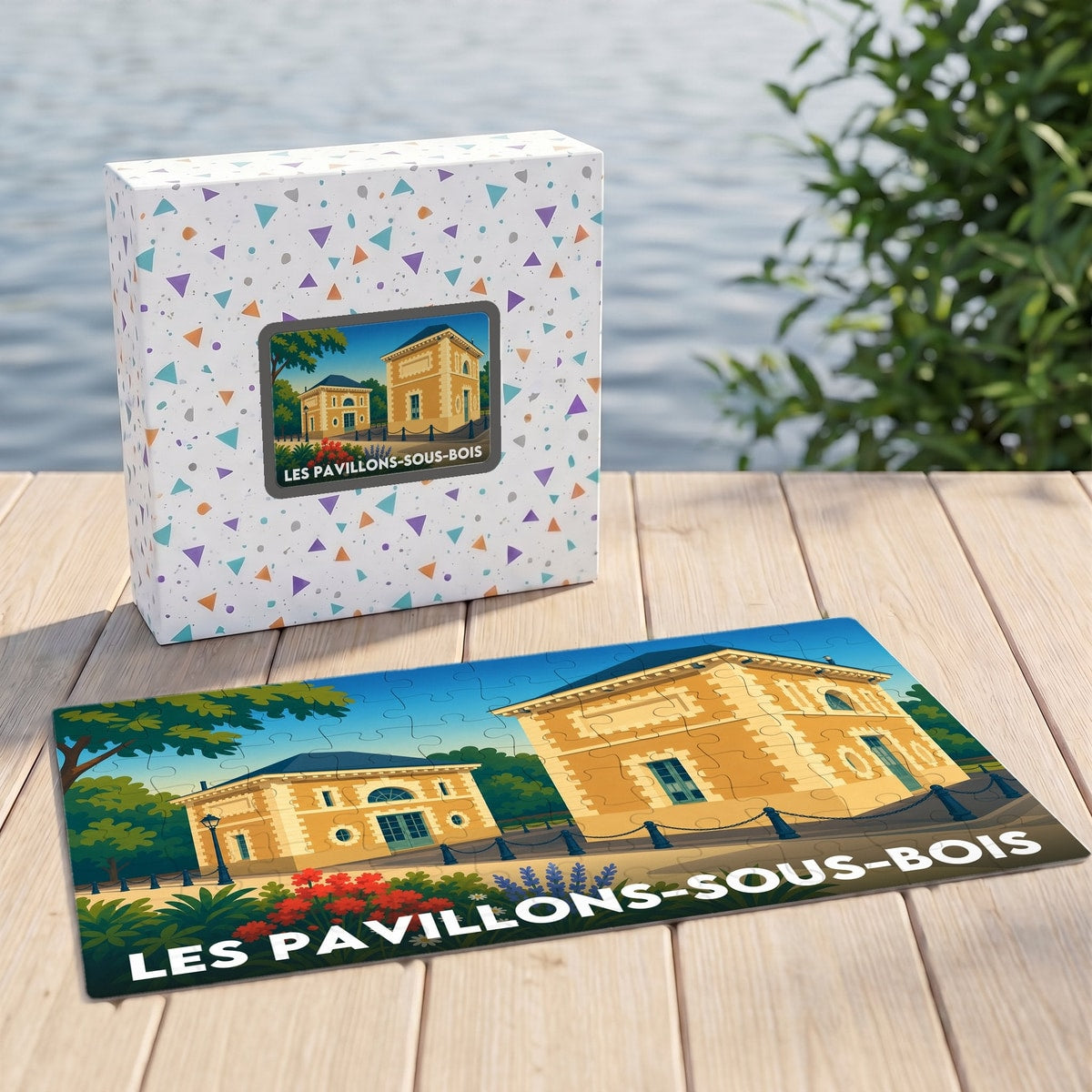 Puzzle souvenir de la ville de Les Pavillons-sous-Bois avec une illustration stylisée de bâtiments historiques.