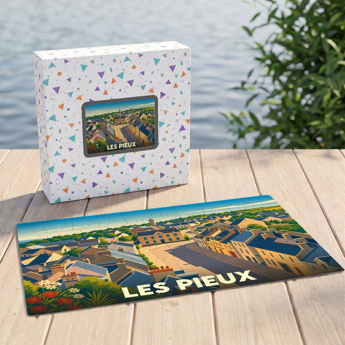 Puzzle souvenir de la ville de Les Pieux avec une illustration stylisée.