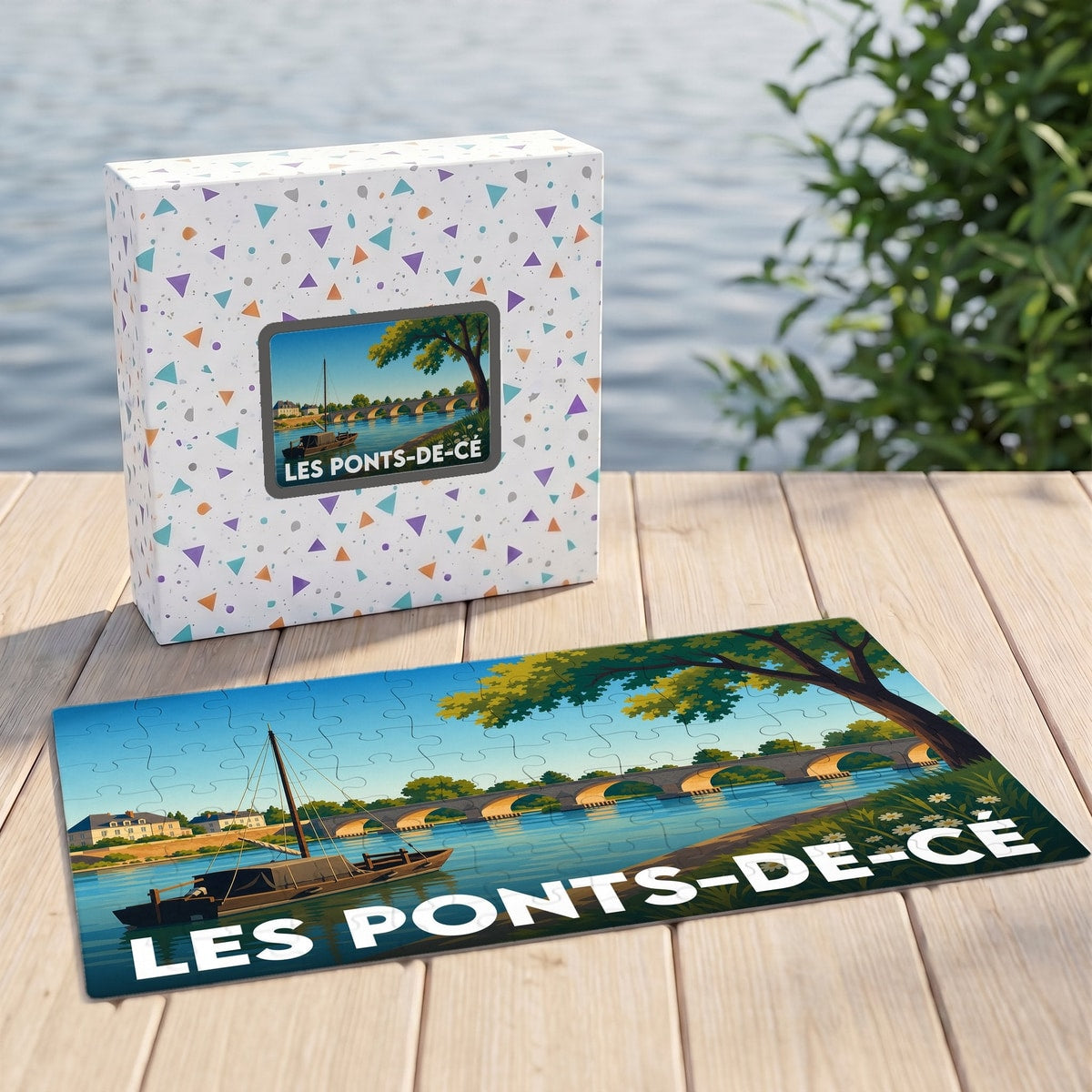 Puzzle souvenir de la ville de Les Ponts-de-Cé avec une illustration stylisée d'un bateau sur la Loire.