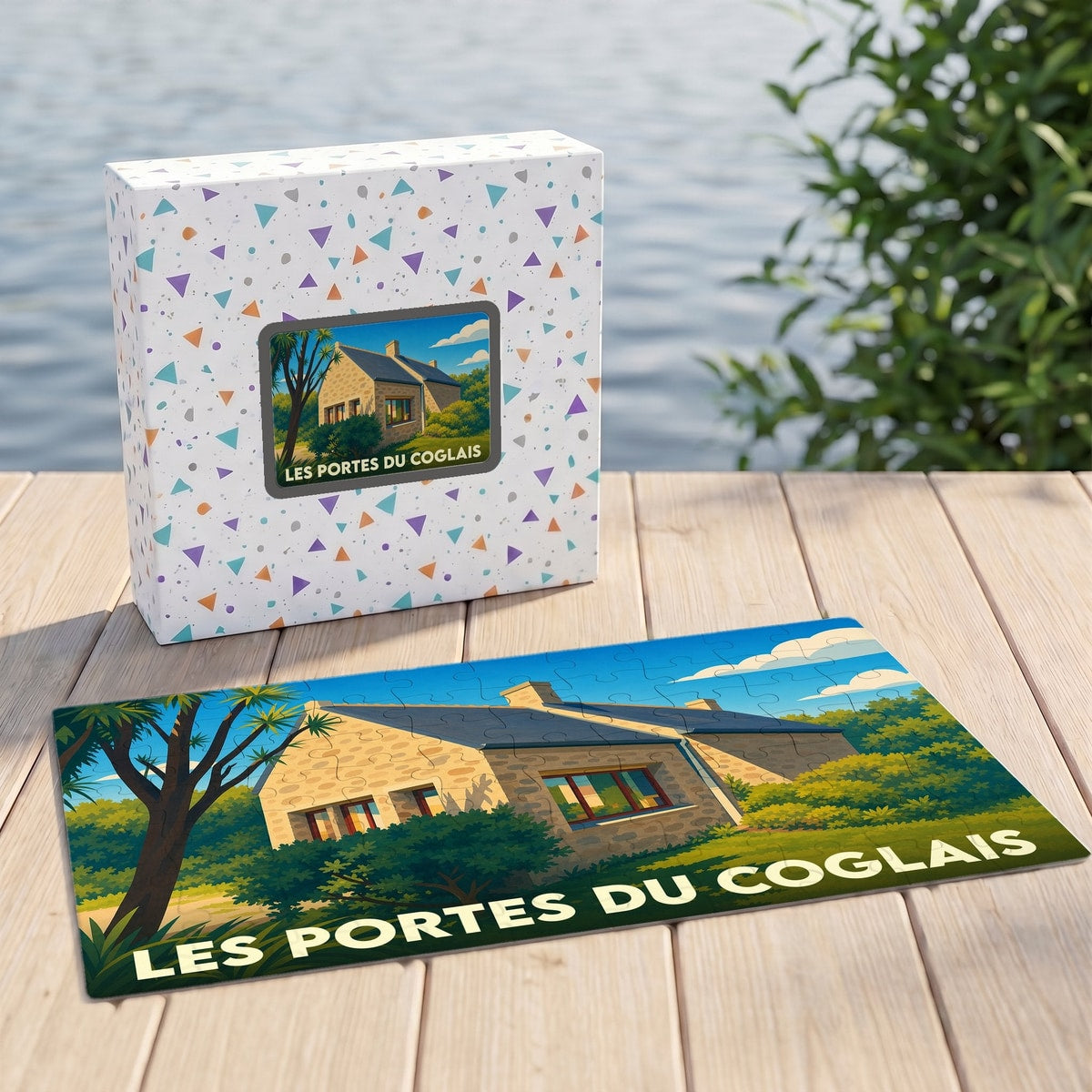 Puzzle souvenir de la ville de Les Portes du Coglais représentant une maison en pierre dans un style illustré.