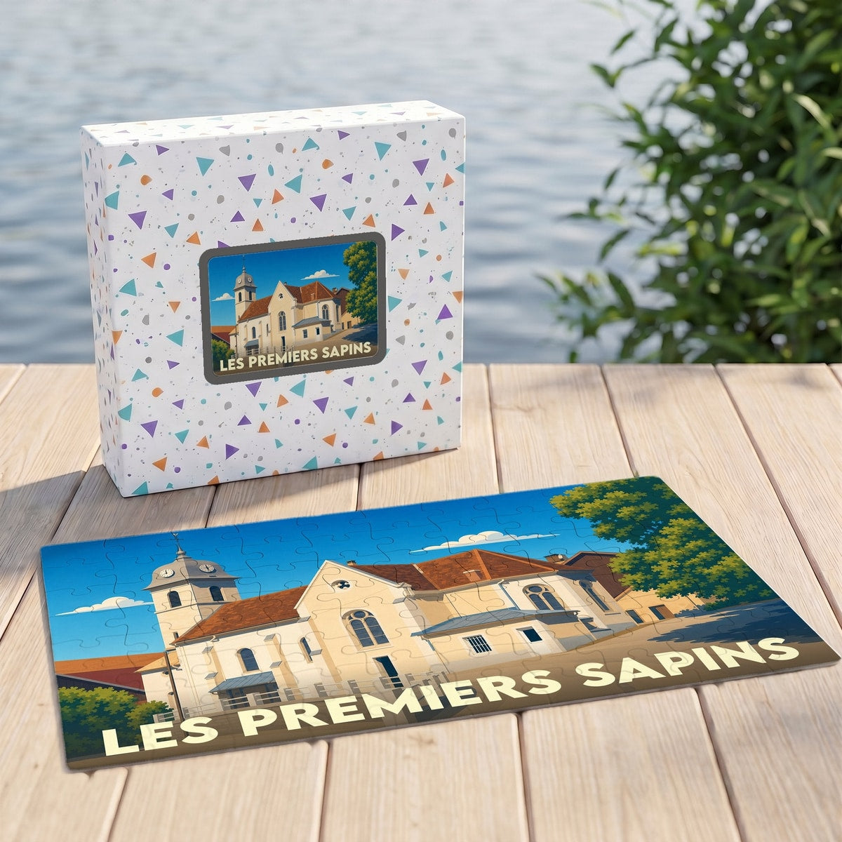 Puzzle souvenir de la commune de Les Premiers Sapins illustré par une vue stylisée de son église.