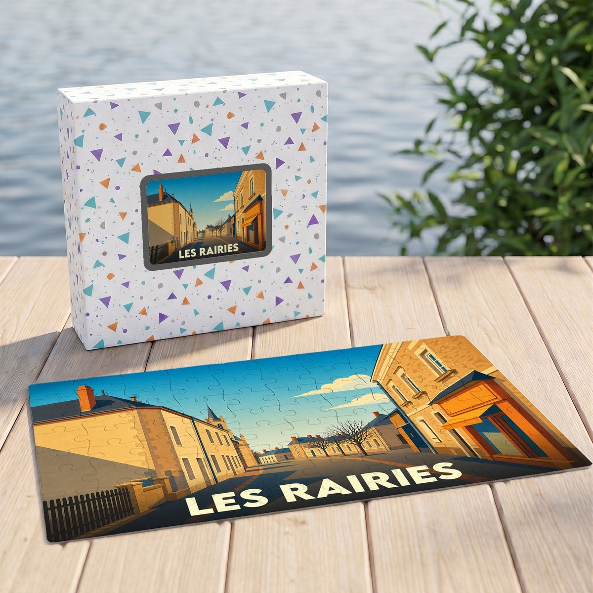 Puzzle souvenir de la ville de Les Rairies avec une illustration stylisée d'une rue ensoleillée.