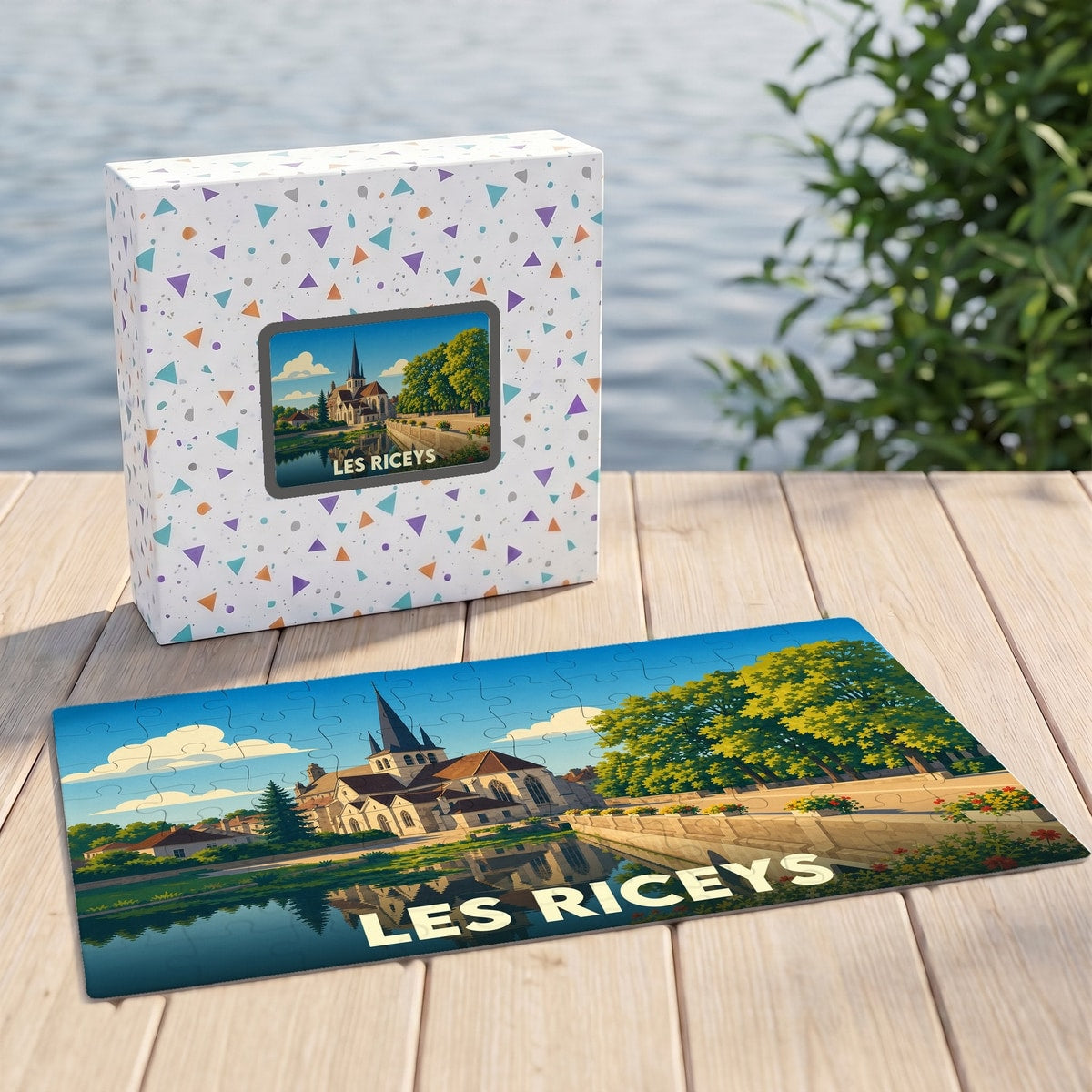 Puzzle souvenir de la commune de Les Riceys avec une illustration colorée et stylisée.
