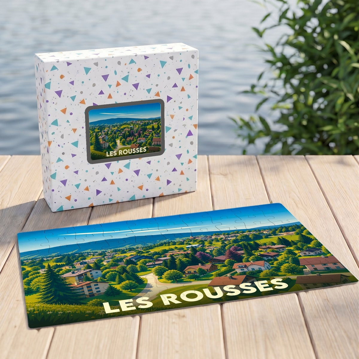 Puzzle souvenir de la ville des Rousses avec une illustration paysagère stylisée.