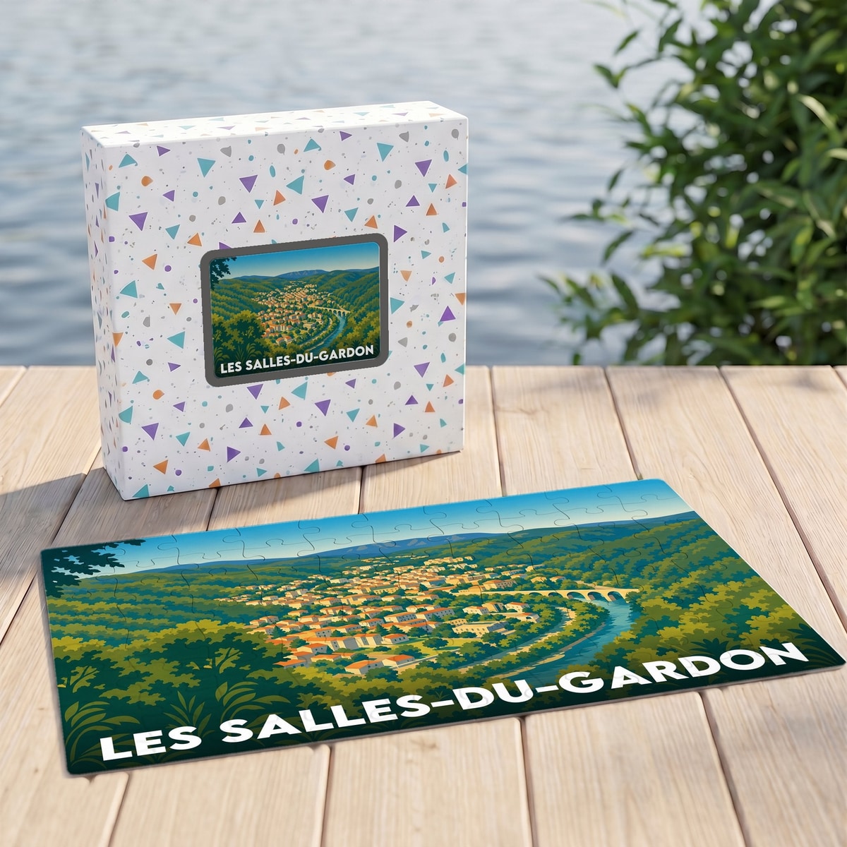 Puzzle souvenir de la ville de Les Salles-du-Gardon avec une illustration stylisée d'un paysage panoramique.