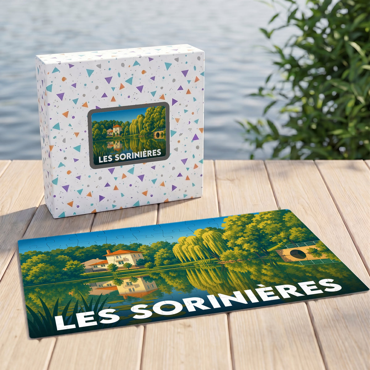 Puzzle souvenir de la ville de Les Sorinières avec une illustration stylisée d'un paysage au bord de l'eau.