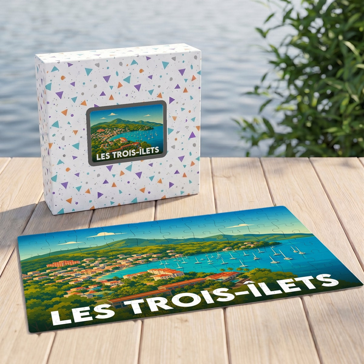 Puzzle souvenir de la ville de Les Trois-Îlets avec une illustration stylisée d'une baie maritime.