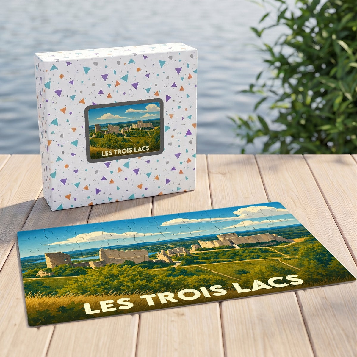 Puzzle souvenir de la ville de Les Trois Lacs avec une illustration stylisée d'un paysage historique.