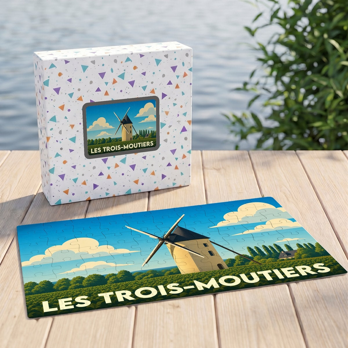 Puzzle souvenir de la ville de Les Trois-Moutiers avec une illustration stylisée d'un moulin.