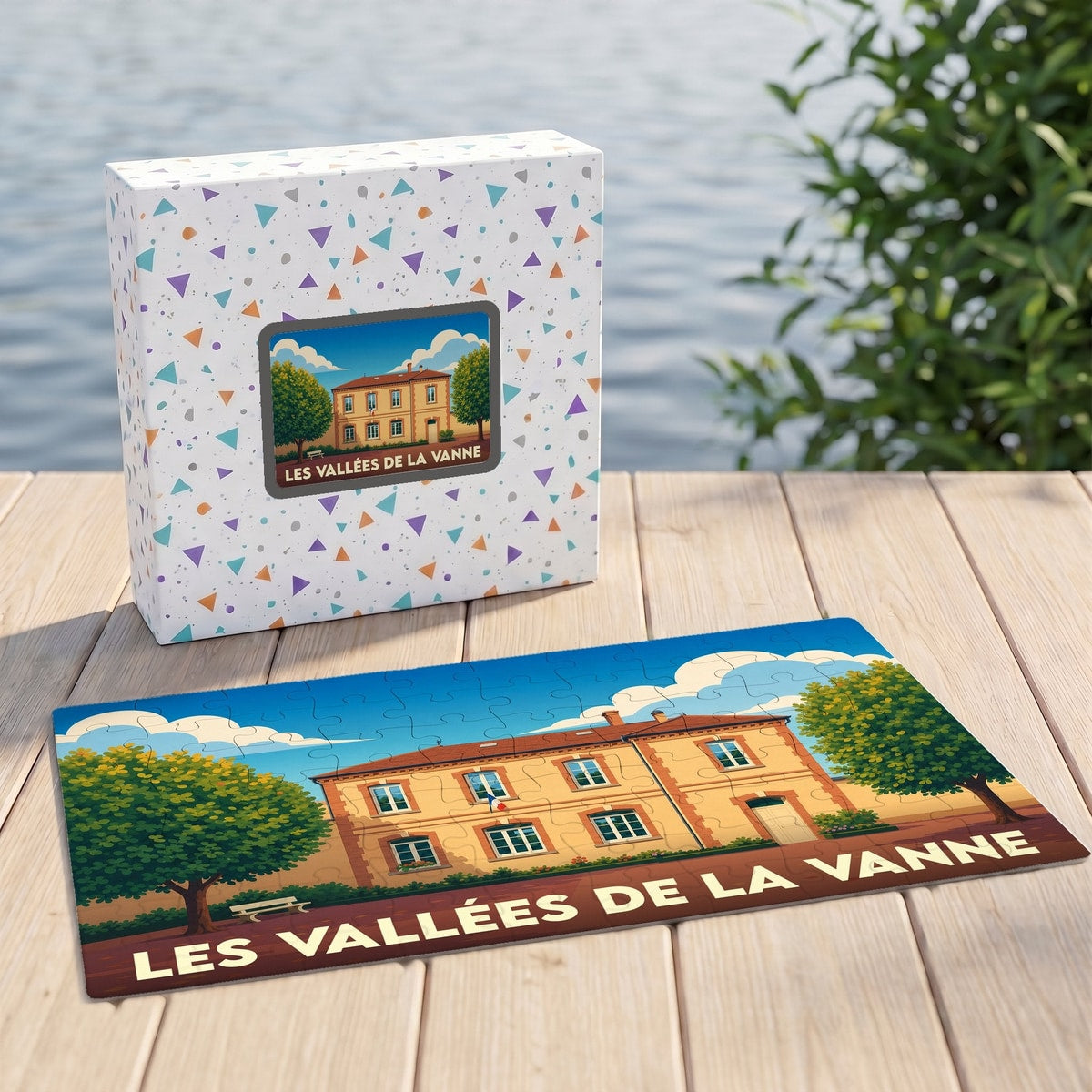 Puzzle souvenir de la ville de Les Vallées de la Vanne avec une illustration stylisée d'un bâtiment communal.