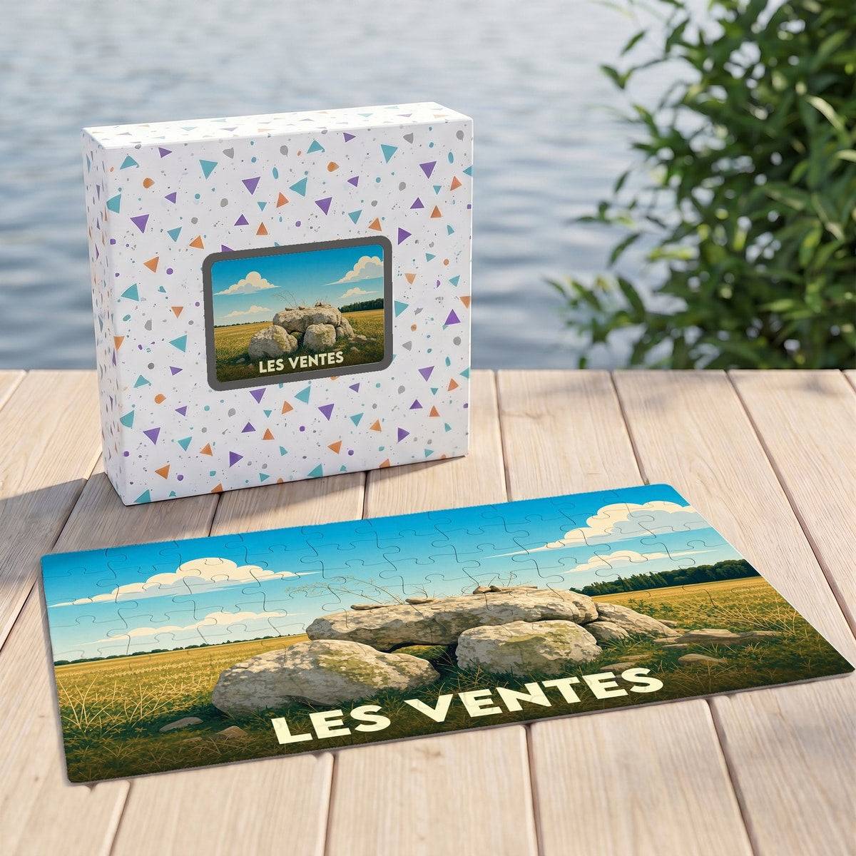 Puzzle souvenir de la ville de Les Ventes illustré de son dolmen historique dans un style graphique.