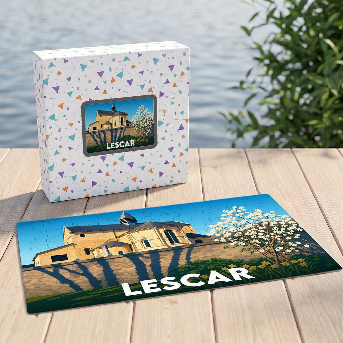 Puzzle souvenir de la ville de Lescar avec une illustration stylisée de sa cathédrale et de ses remparts.
