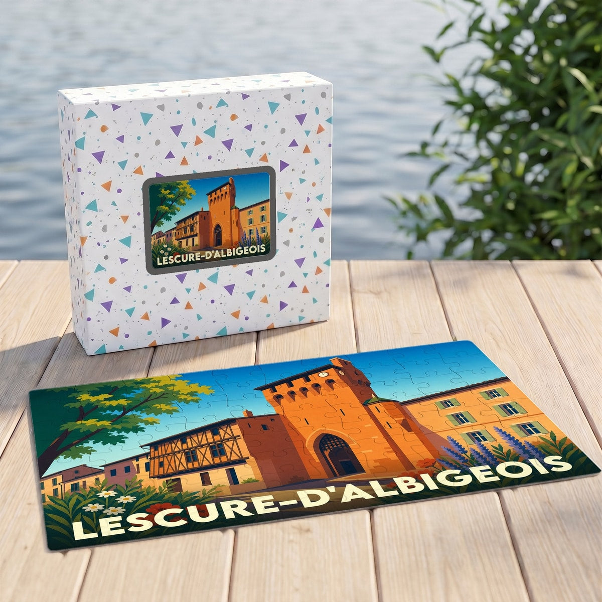 Puzzle souvenir de la ville de Lescure-d'Albigeois avec une illustration stylisée de ses bâtiments historiques.