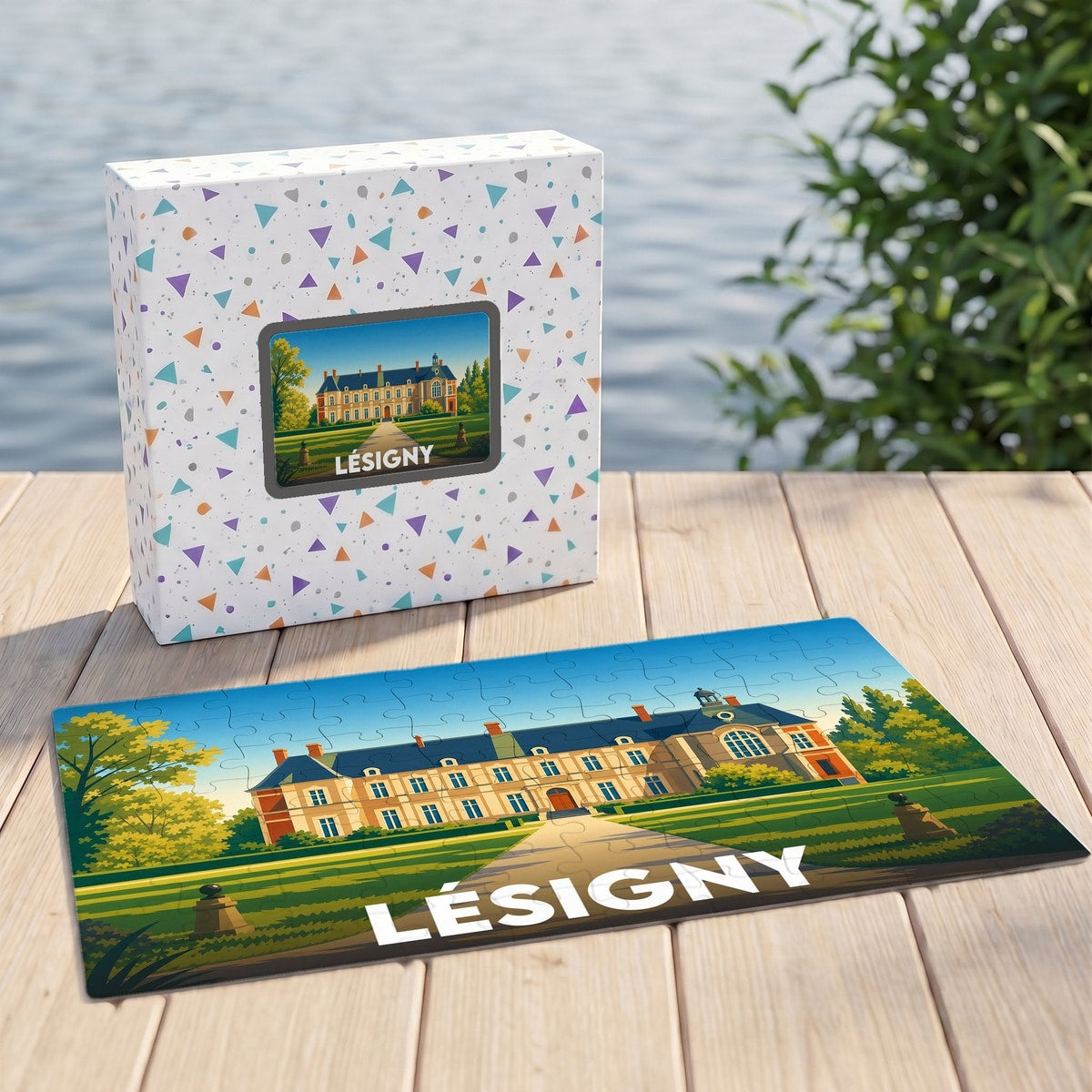 Puzzle souvenir de la ville de Lésigny avec une illustration stylisée d'un château.