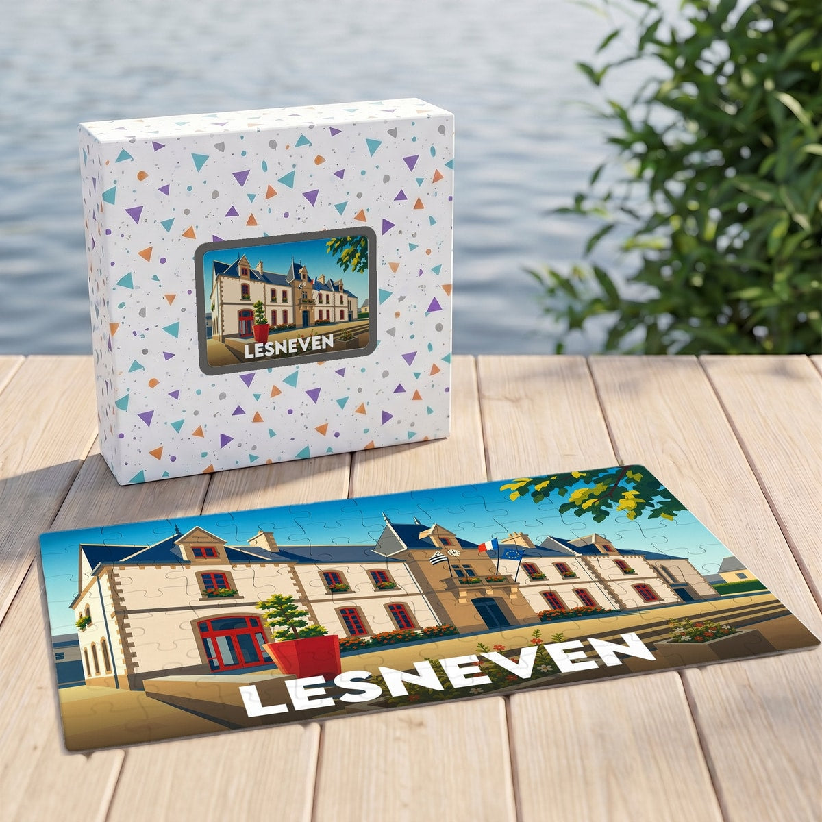 Puzzle souvenir de la ville de Lesneven avec une illustration stylisée et sa boîte assortie.