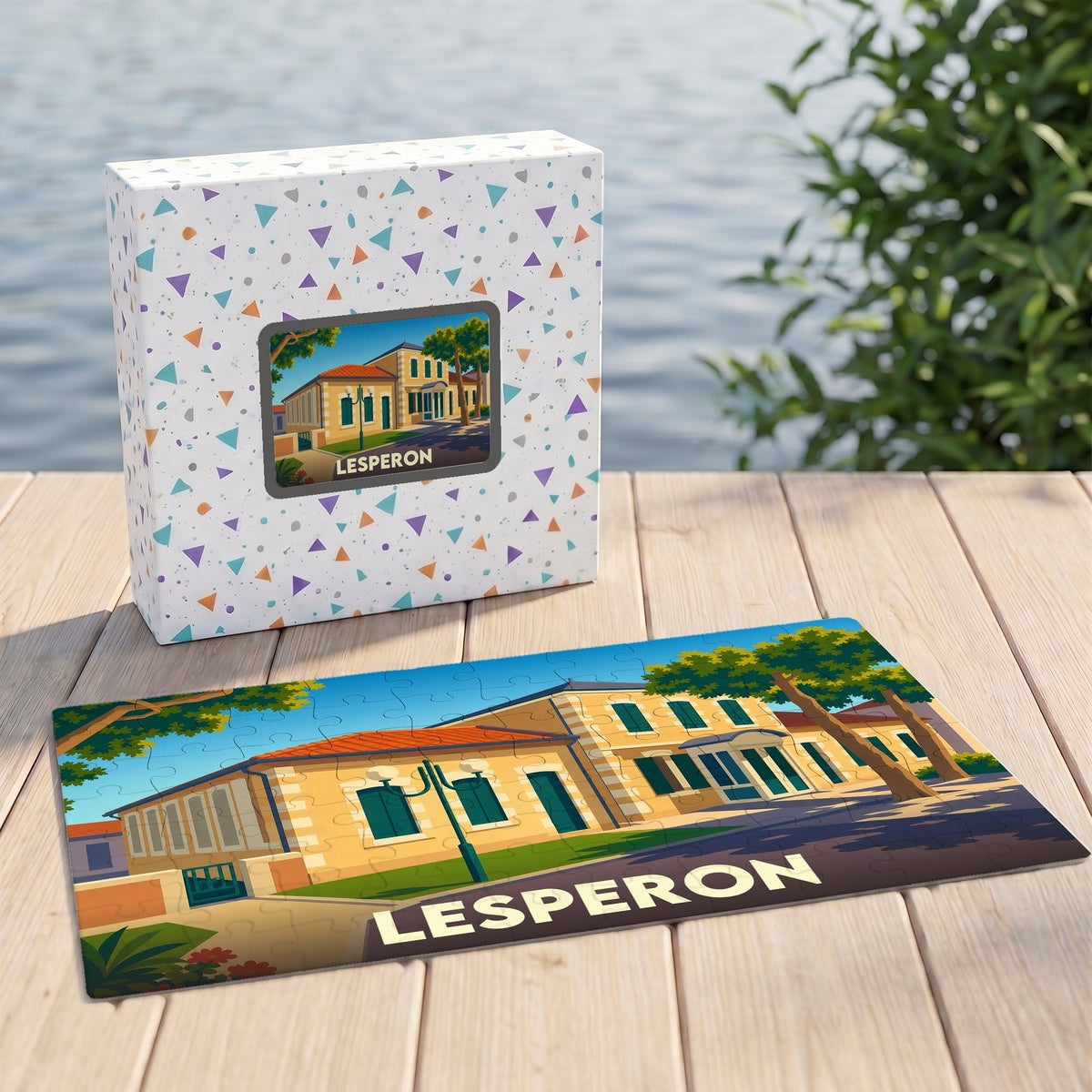 Puzzle souvenir de la ville de Lesperon avec une illustration stylisée d'un bâtiment historique.