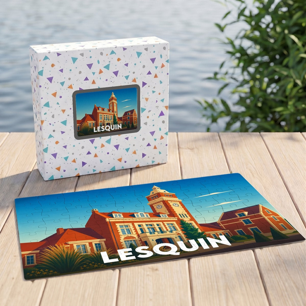 Puzzle souvenir de la ville de Lesquin présentant une illustration stylisée de son hôtel de ville sur une table en bois.