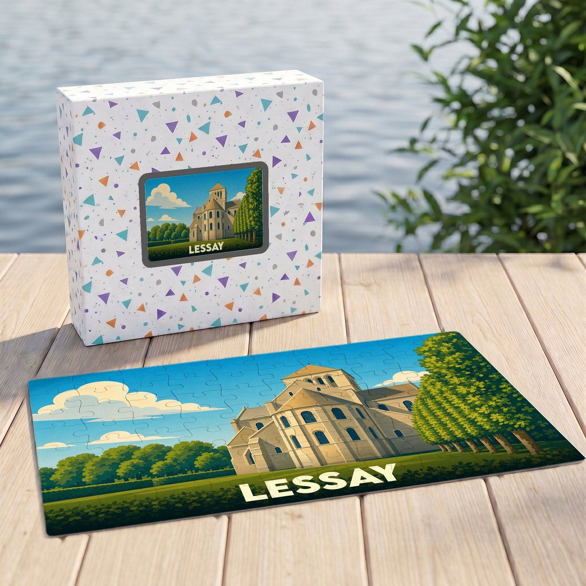 Puzzle souvenir de la ville de Lessay avec une illustration stylisée d'une abbaye.