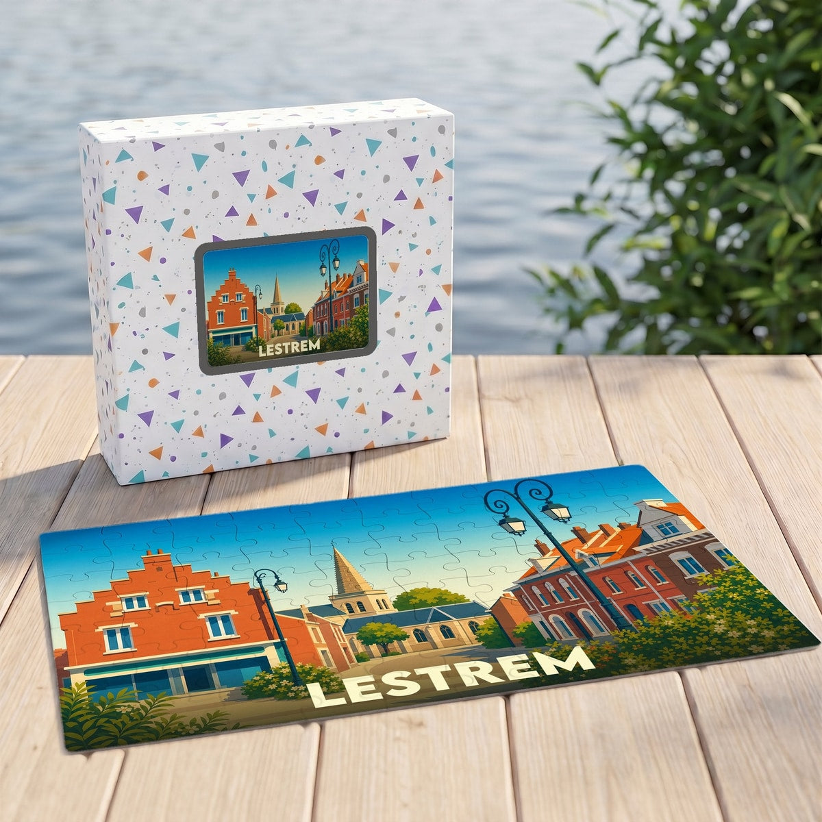 Puzzle souvenir de la ville de Lestrem avec une illustration colorée et stylisée de son architecture.