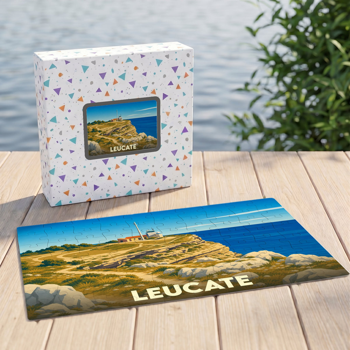 Puzzle souvenir de la ville de Leucate avec une illustration stylisée de son phare et de ses falaises.