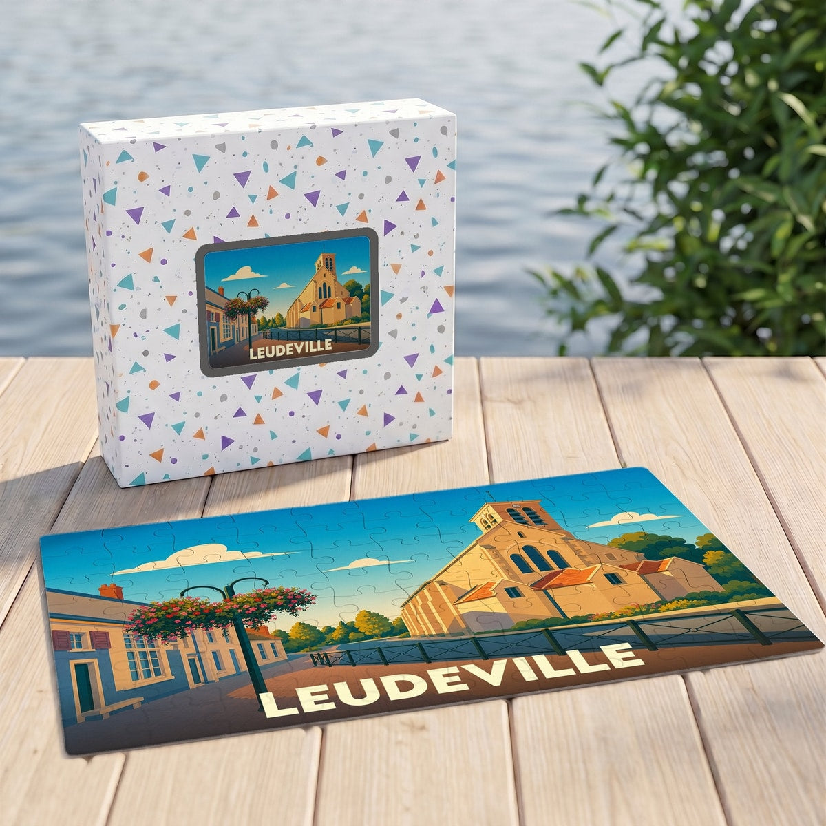 Puzzle souvenir de la ville de Leudeville avec une illustration stylisée d'une église sous un ciel bleu.