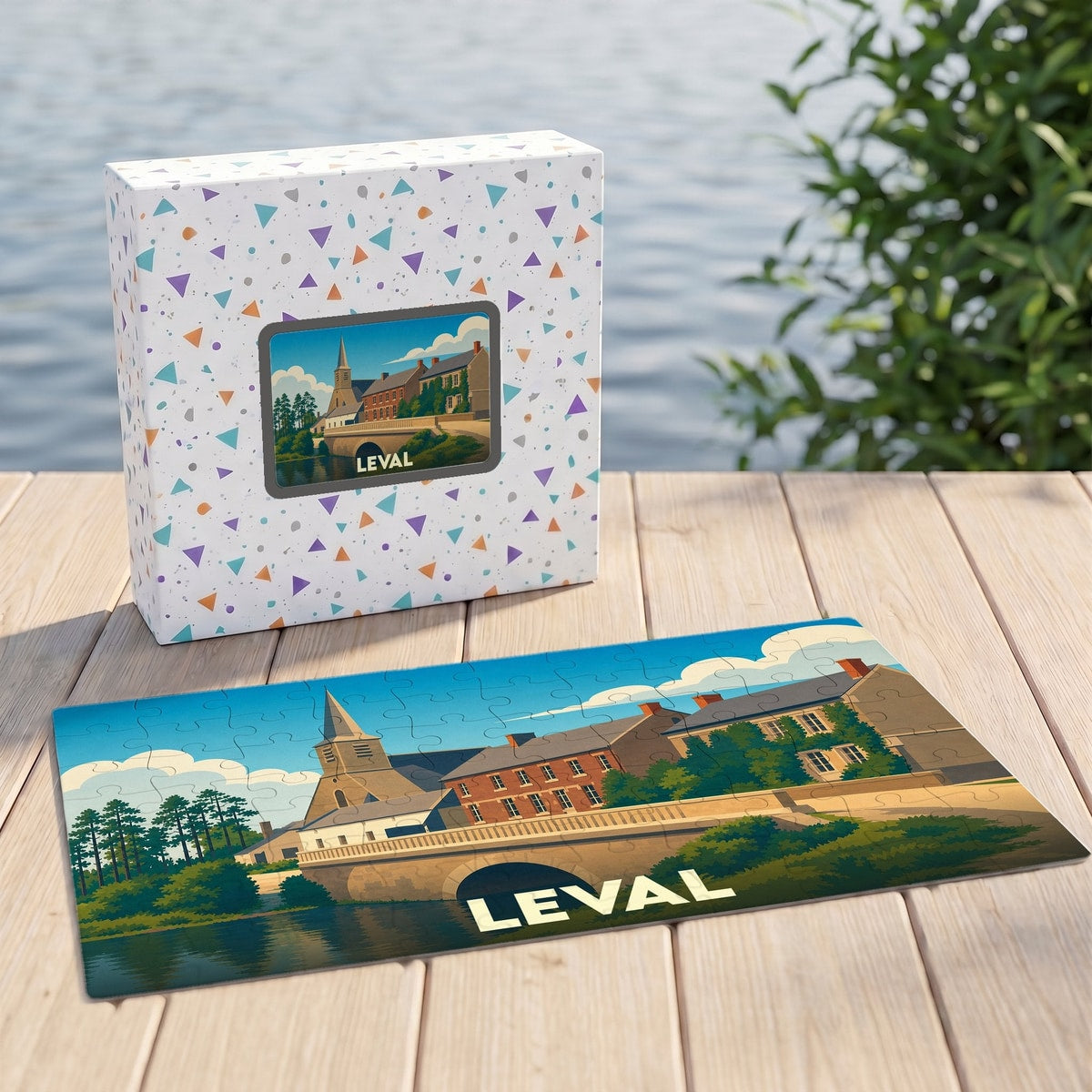 Puzzle souvenir de la ville de Leval avec une illustration stylisée de son paysage urbain et de sa rivière.