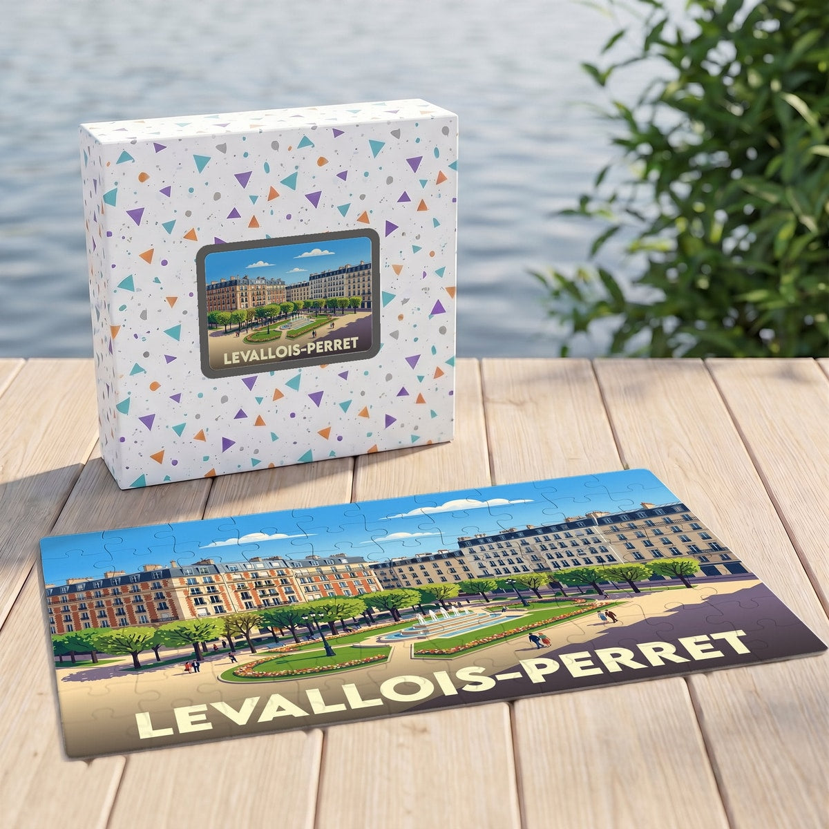 Puzzle souvenir de la ville de Levallois-Perret avec une illustration stylisée d'un parc urbain.