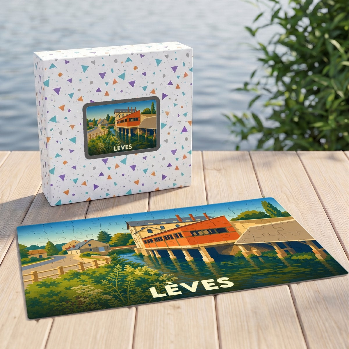 Puzzle souvenir de la ville de Lèves avec une illustration stylisée d'un paysage au bord de l'eau.