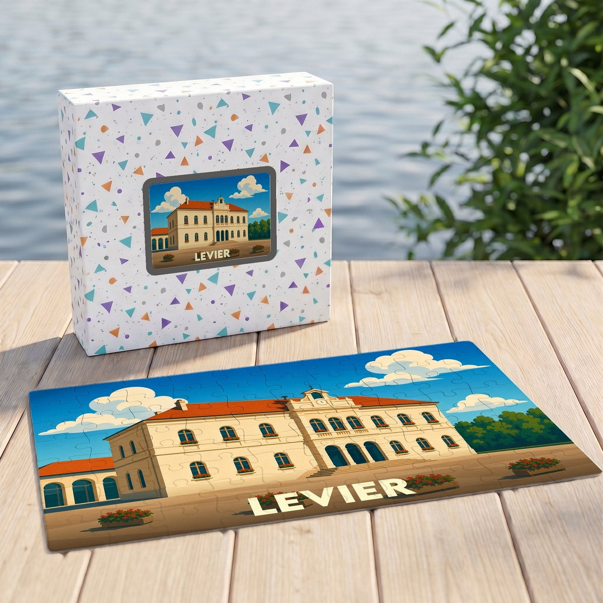 Puzzle souvenir de la ville de Levier avec une illustration stylisée de son hôtel de ville.