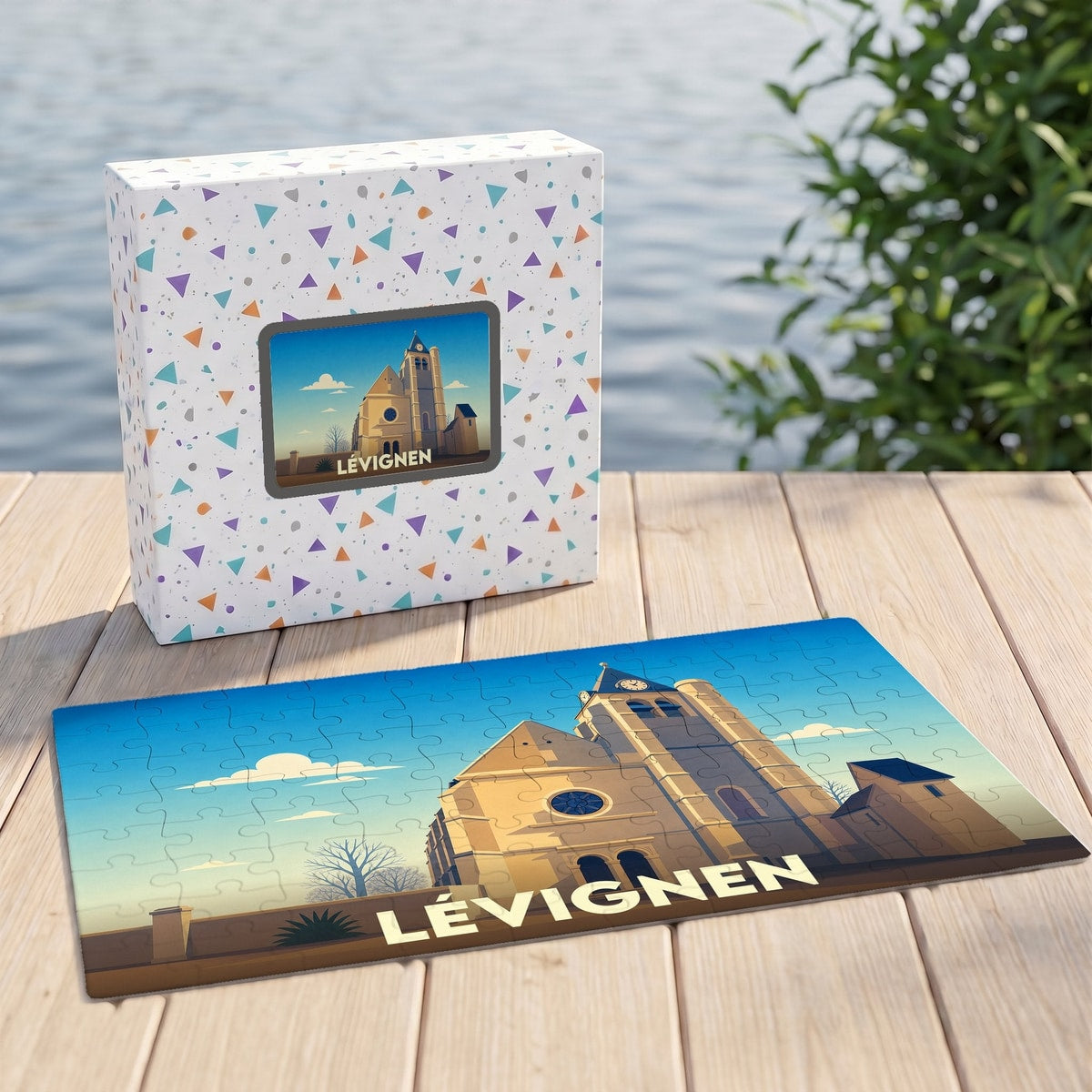 Puzzle souvenir de la ville de Lévignen avec une illustration stylisée de son église.