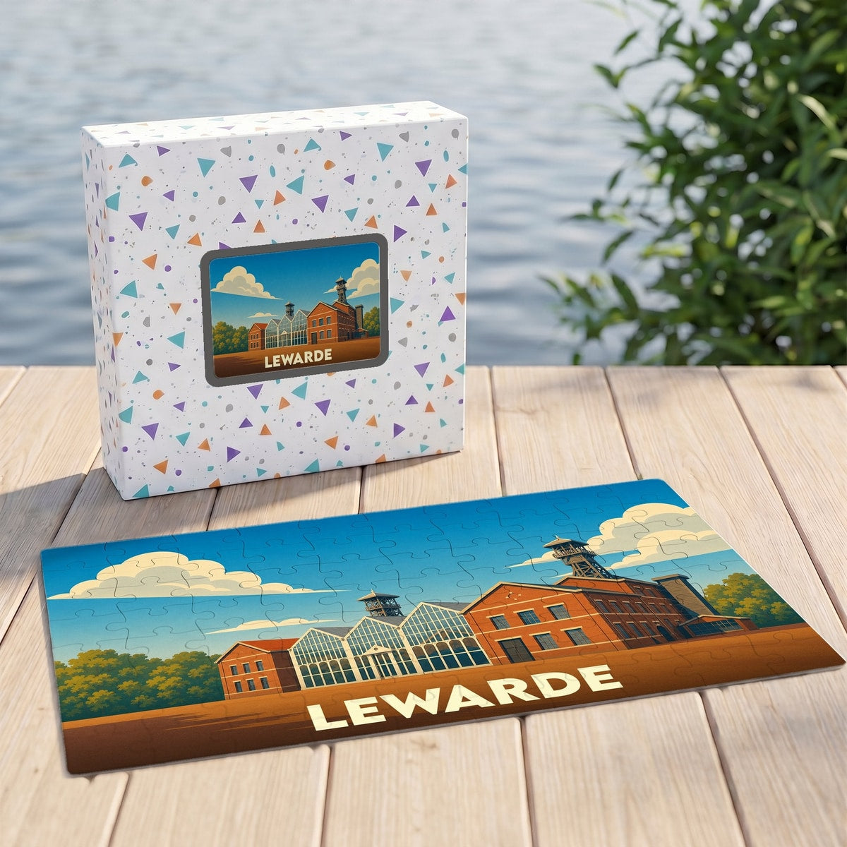 Puzzle souvenir de la ville de Lewarde avec une illustration stylisée du centre historique minier.