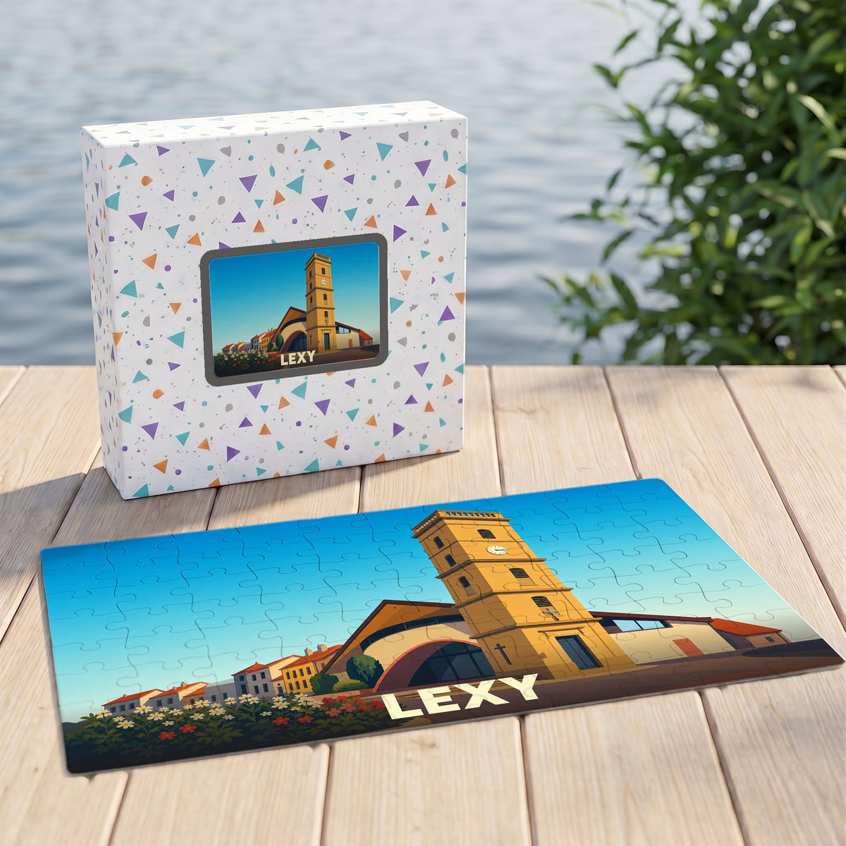 Puzzle souvenir de la ville de Lexy avec une illustration stylisée d'un monument local.