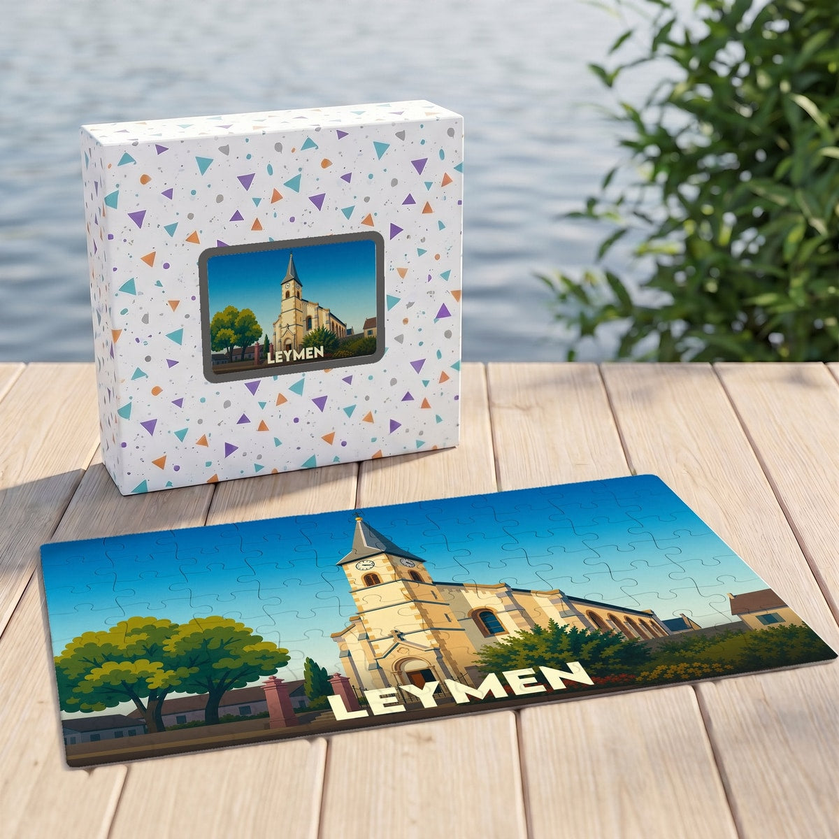 Puzzle souvenir de la ville de Leymen avec une illustration stylisée de son église.