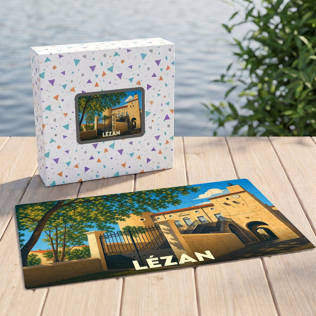 Puzzle souvenir de la ville de Lézan avec une illustration stylisée de son patrimoine architectural.