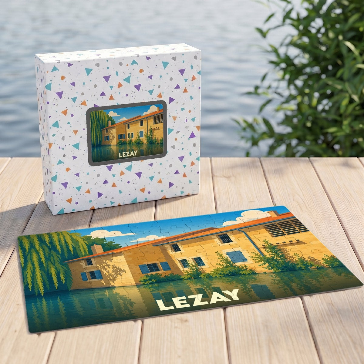 Puzzle souvenir de la ville de Lezay avec une illustration colorée représentant un bâtiment au bord de l'eau.