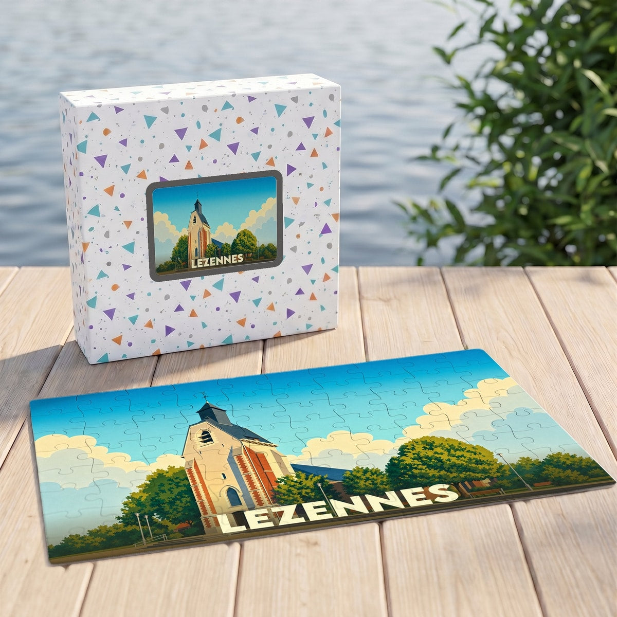 Puzzle souvenir de la ville de Lezennes avec une illustration stylisée de son église.