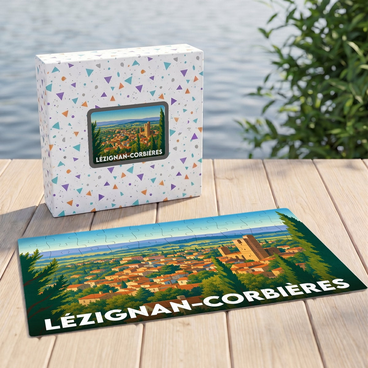 Puzzle souvenir de la ville de Lézignan-Corbières avec une illustration panoramique stylisée.