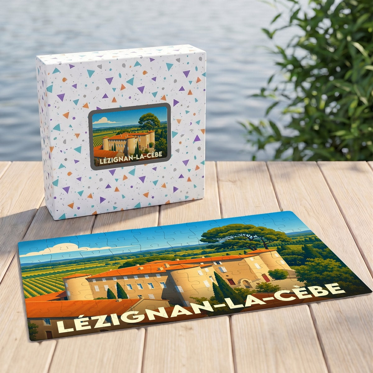 Puzzle souvenir de la ville de Lézignan-la-Cèbe avec une illustration stylisée d'un paysage provençal.