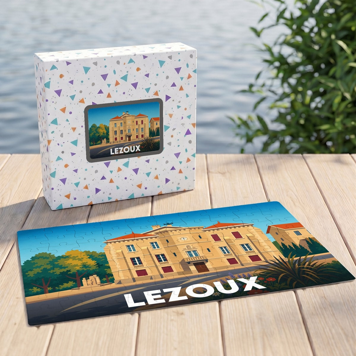 Puzzle souvenir de la ville de Lezoux présentant une illustration stylisée de son architecture locale.