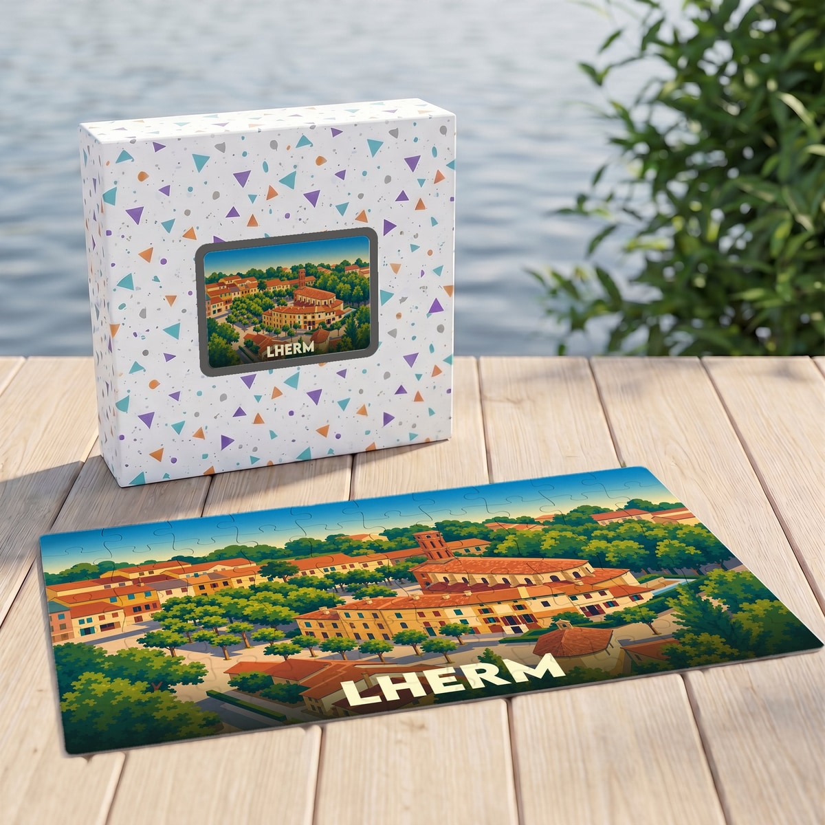 Puzzle souvenir de la ville de Lherm avec une illustration stylisée d'un paysage urbain verdoyant.