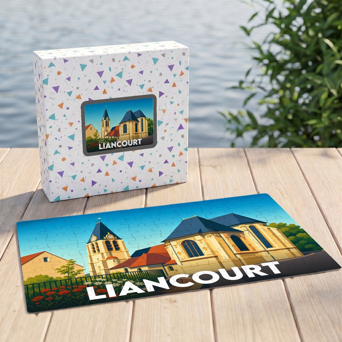 Puzzle souvenir de la ville de Liancourt avec une illustration stylisée de son église.